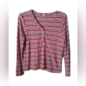Mudd Women's Size XL Striped 3-Button V-Neck Long Sleeve Top